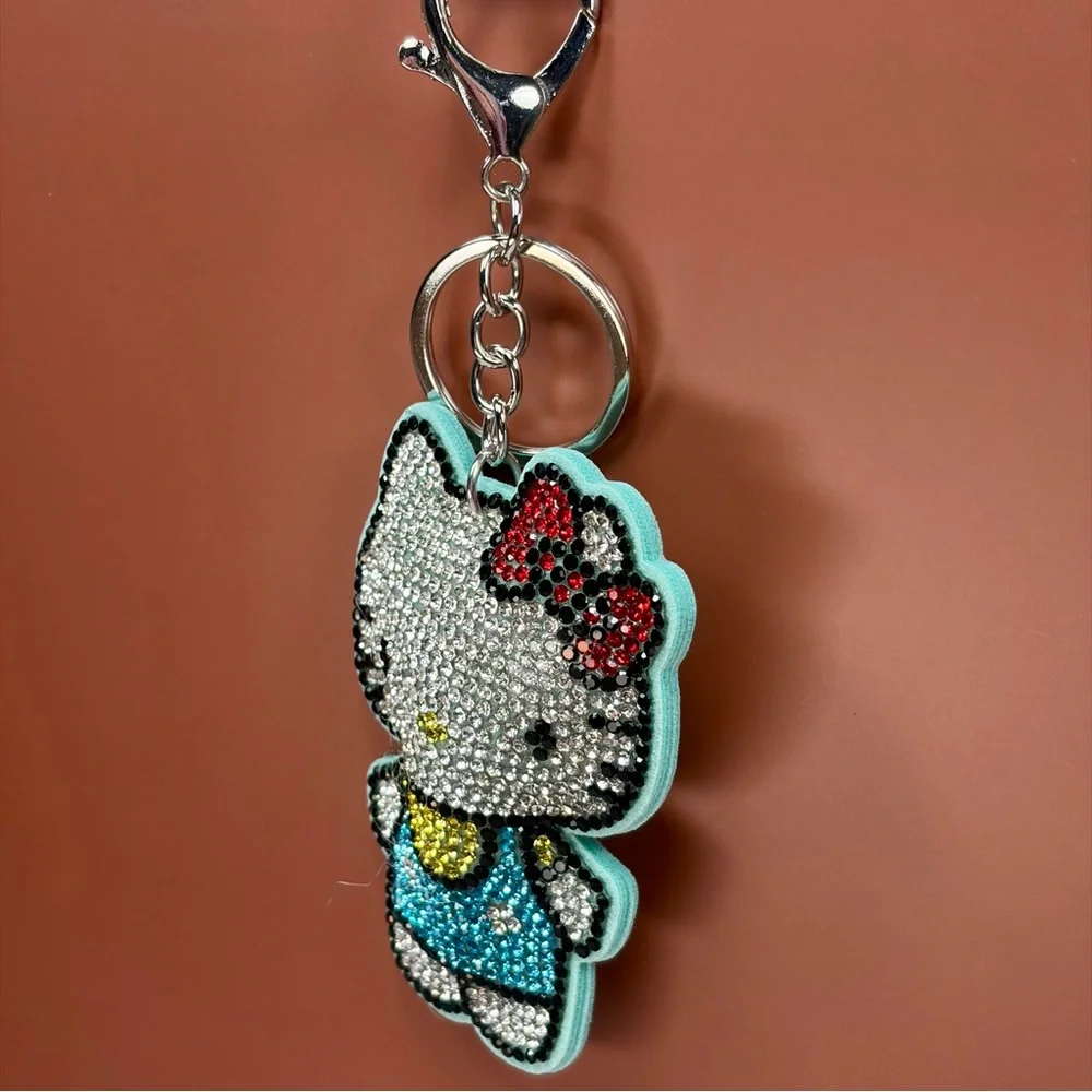 Bling Hello Kitty Keychain - Aqua & Red Accents